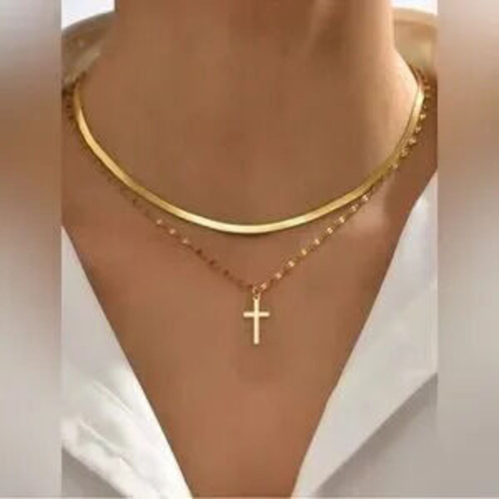 Gold Stainless Steel 2pc Cross Herringbone Necklace Set - Picture 1 of 2